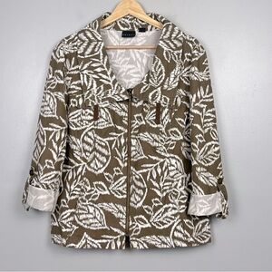 Tribal greenish brown & white roll tab sleeve zip front jacket, size 14.